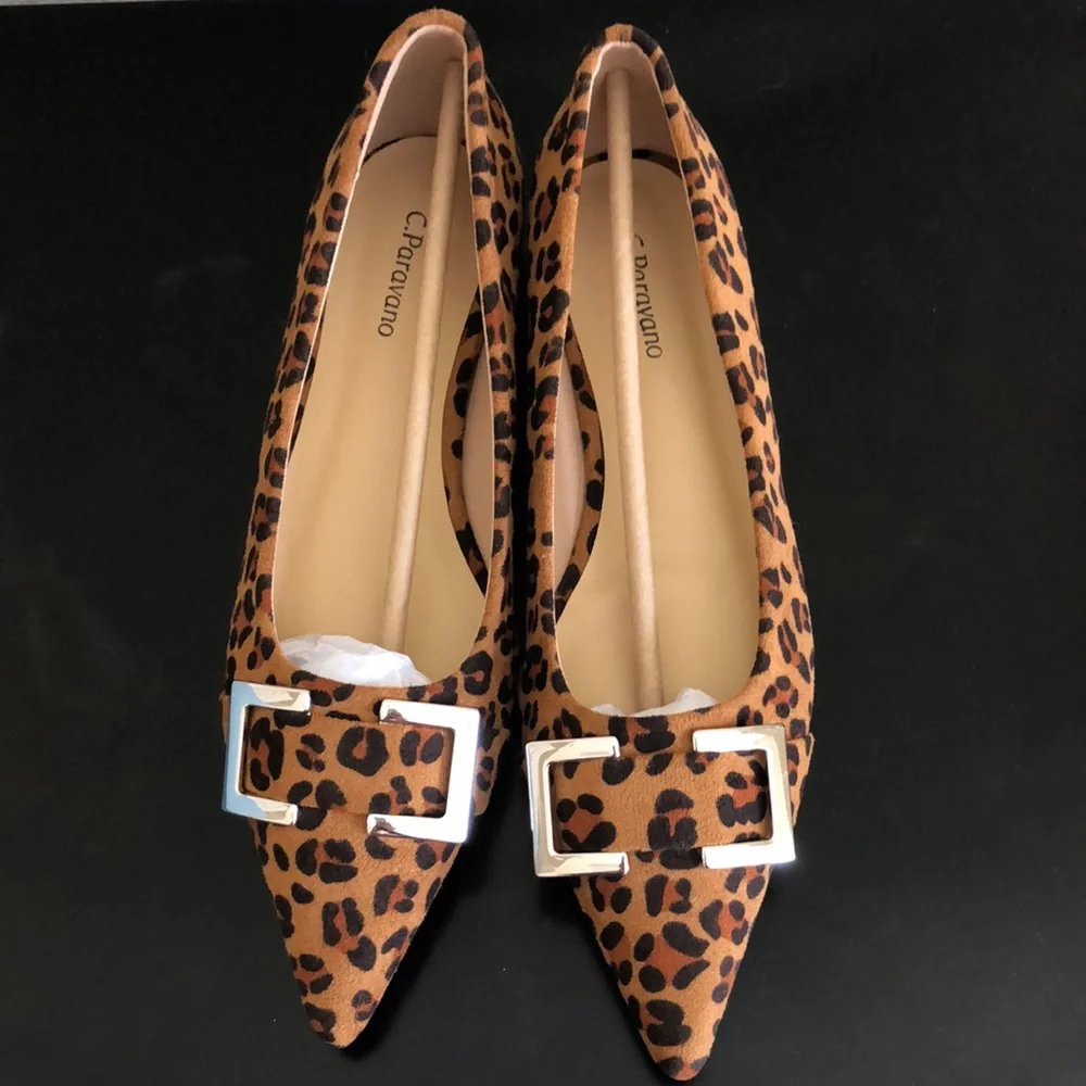 C.Paravano Brown Animal Print Flats with Silver Buckle Size 8